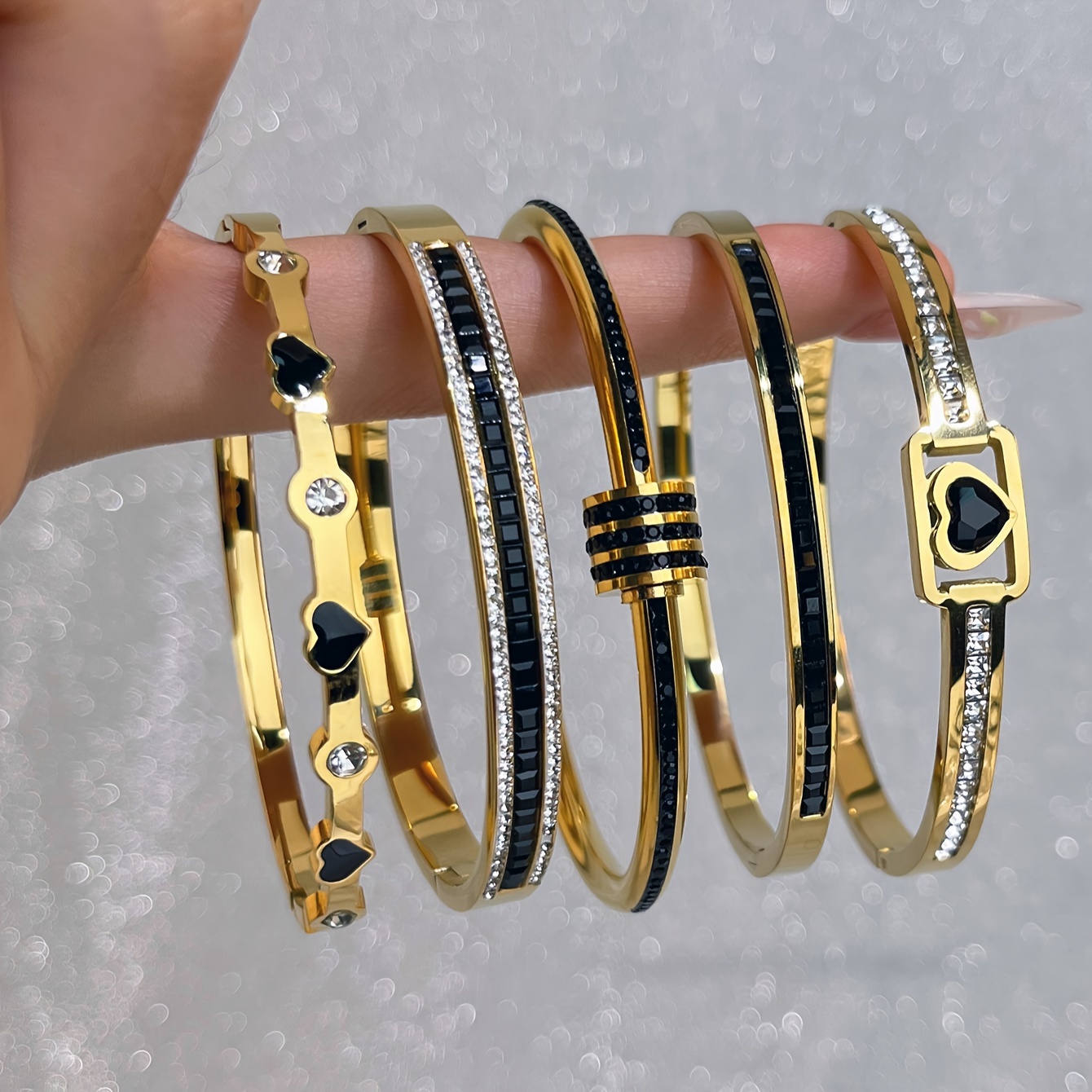 Stainless Steel Heart Triple Layer Rhinestone Bracelet Set